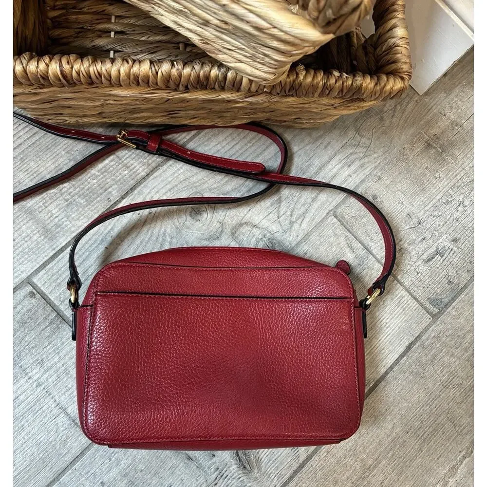Lauren Ralph Lauren Red Pebbled Vegan Leather Camera Crossbody Purse Gold Logo